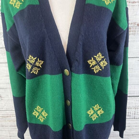 Vintage Koret Cardigan Sweater size Small Green Navy Wool Gold Embroidery Granny - Picture 5 of 11